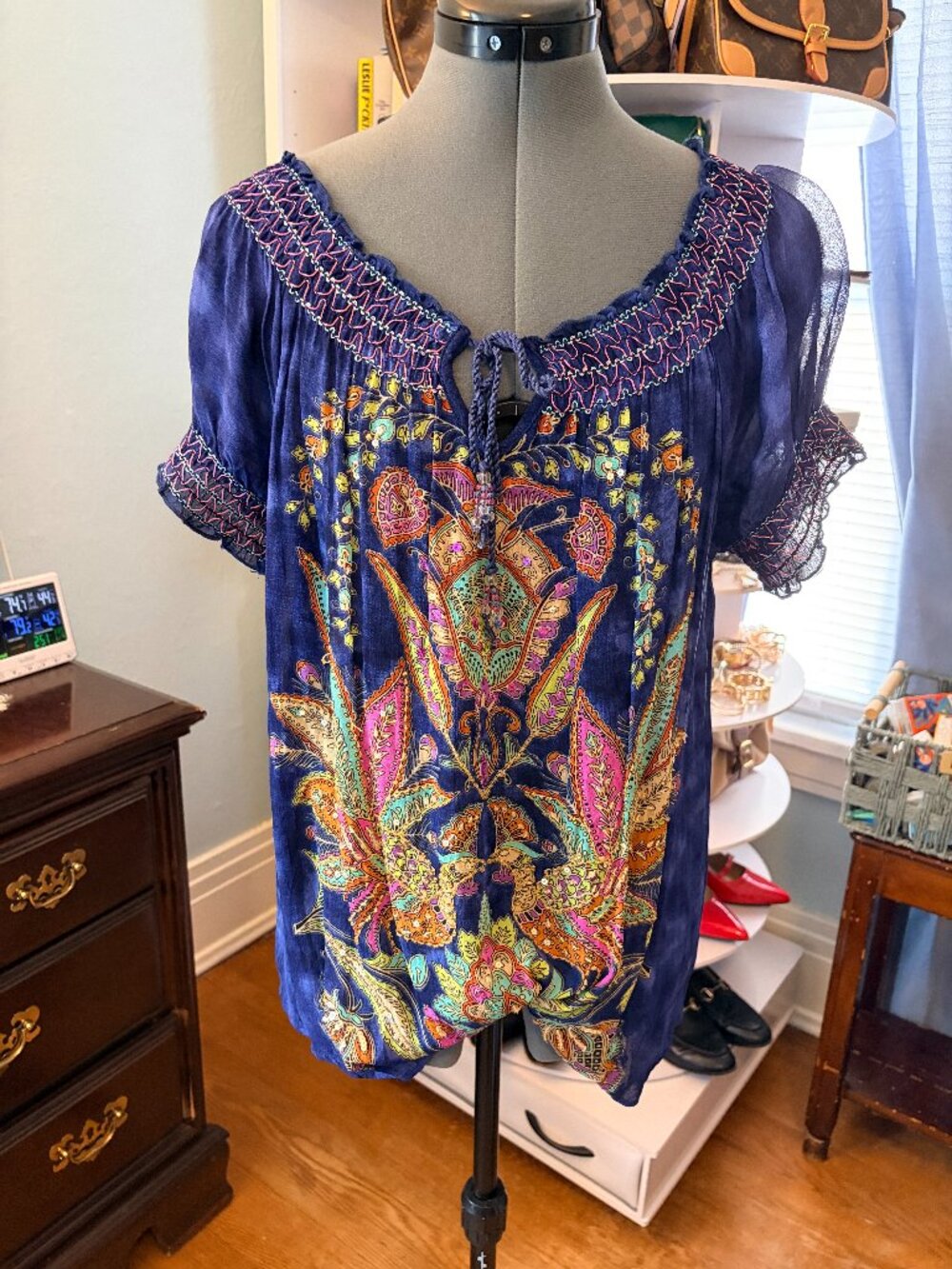 Blue Boho Paisley Tunic Top Embroidered Beaded Festival Hippie Artsy Resortwear